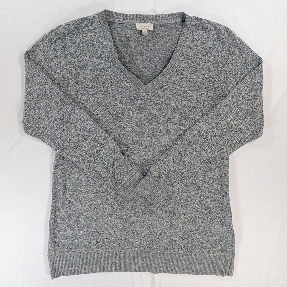 Lucky Brand Womens Gray Marled V-Neck Sweater Medium Knit Pullover Slouchy